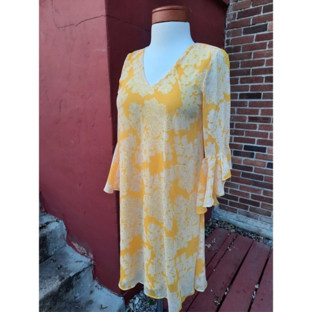 Calvin Klein Ruffle Sleeve Chiffon Yellow Print Dress 2 Spring Summer - Picture 9 of 10